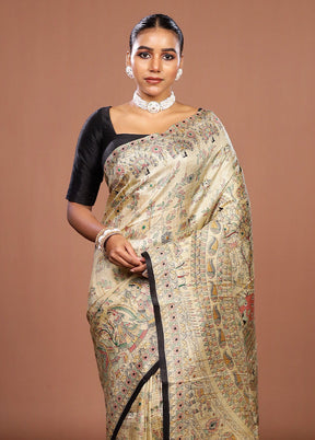 Cream Printed Pure Silk Saree Without Blouse Piece