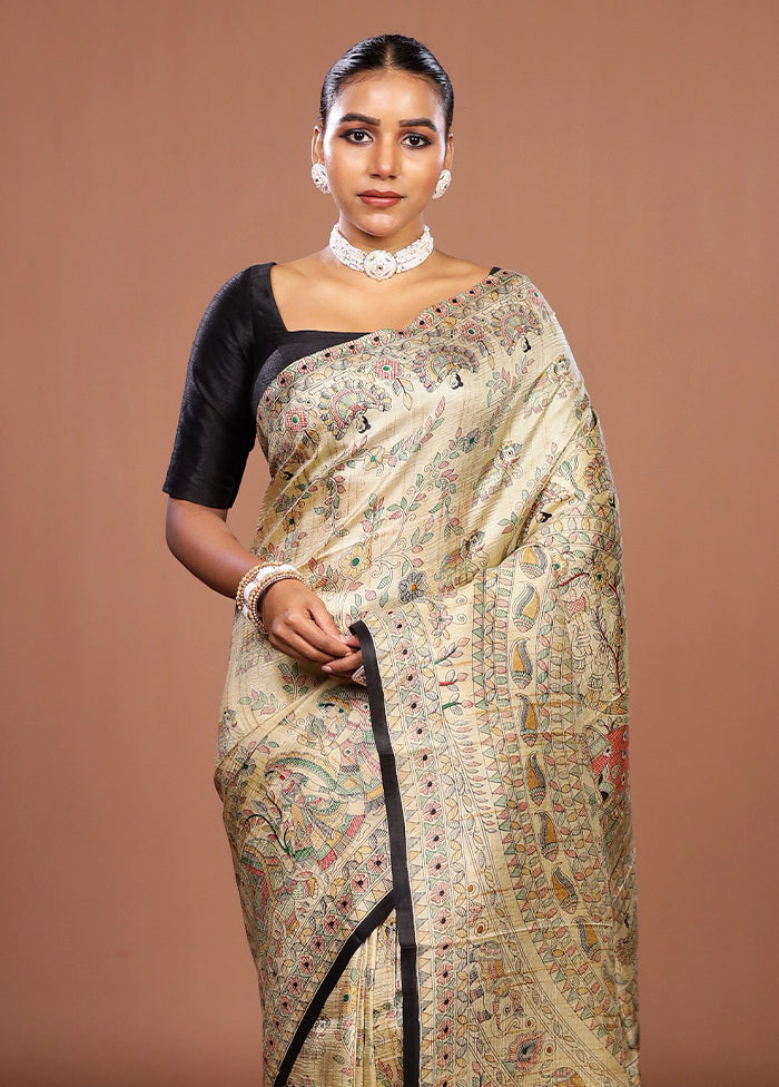 Cream Printed Pure Silk Saree Without Blouse Piece