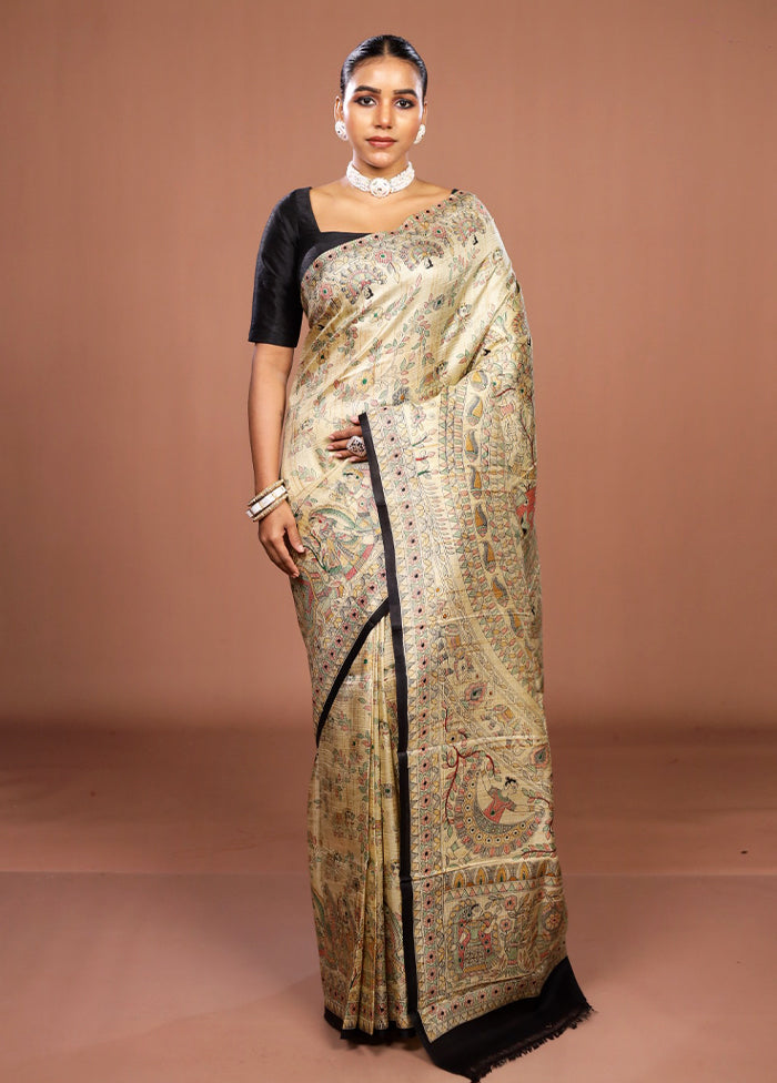 Cream Printed Pure Silk Saree Without Blouse Piece