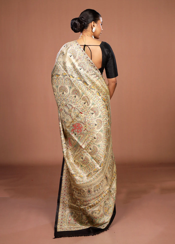 Cream Printed Pure Silk Saree Without Blouse Piece