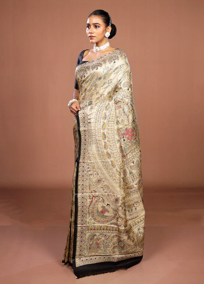 Cream Printed Pure Silk Saree Without Blouse Piece