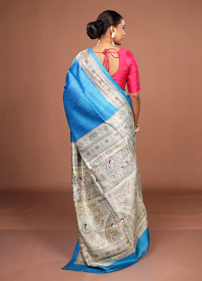 Blue Printed Pure Silk Saree Without Blouse Piece