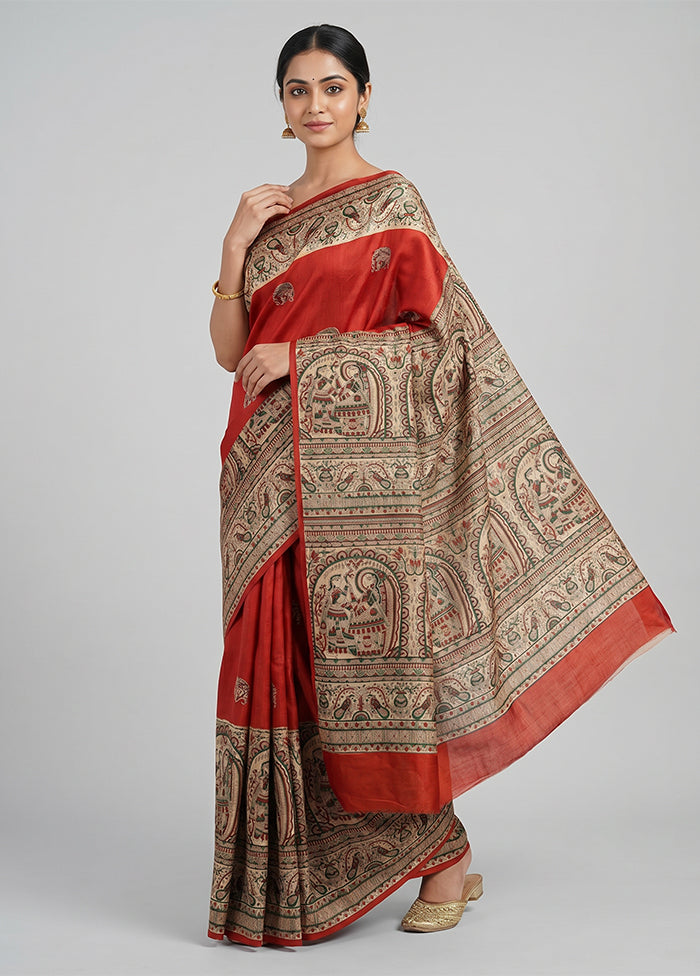Red Printed Silk Saree Without Blouse Piece