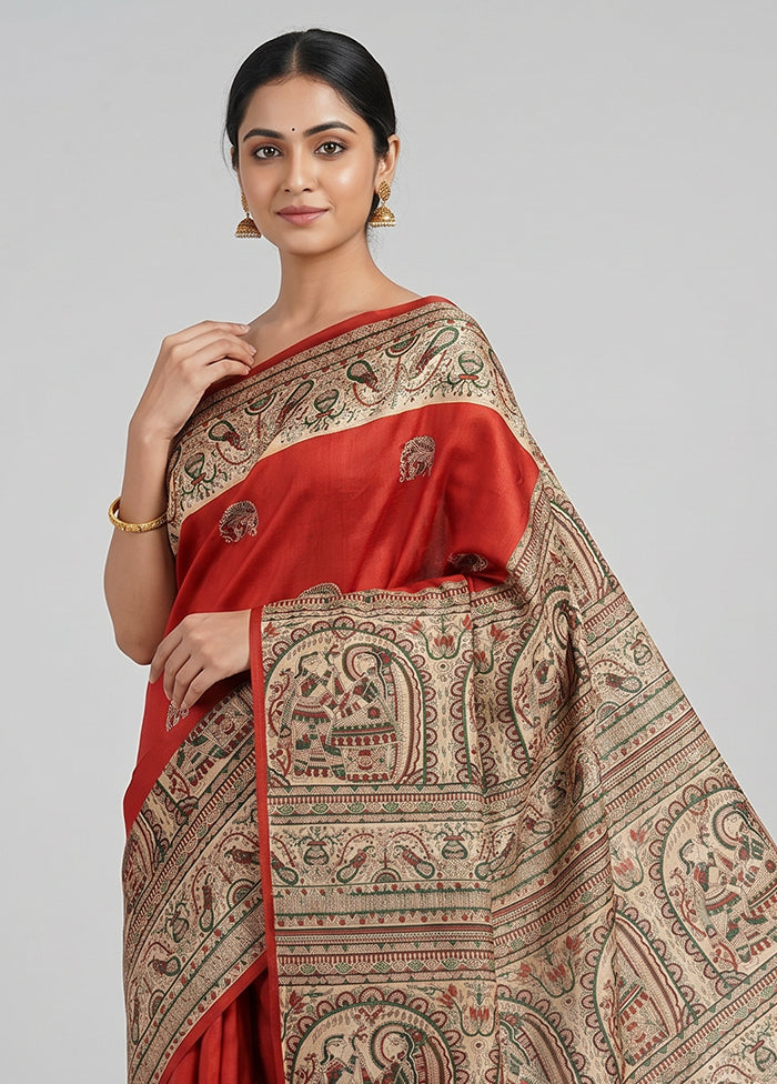 Red Printed Silk Saree Without Blouse Piece