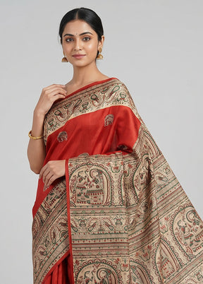 Red Printed Silk Saree Without Blouse Piece
