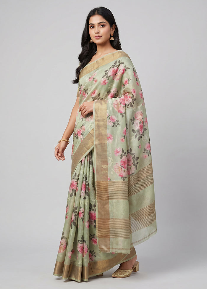 Green Handloom Tussar Pure Silk Saree With Blouse Piece