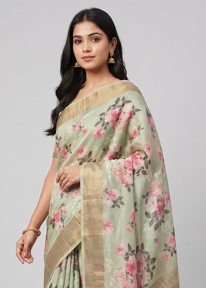 Green Handloom Tussar Pure Silk Saree With Blouse Piece