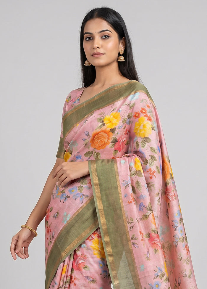 Pink Handloom Tussar Pure Silk Saree With Blouse Piece
