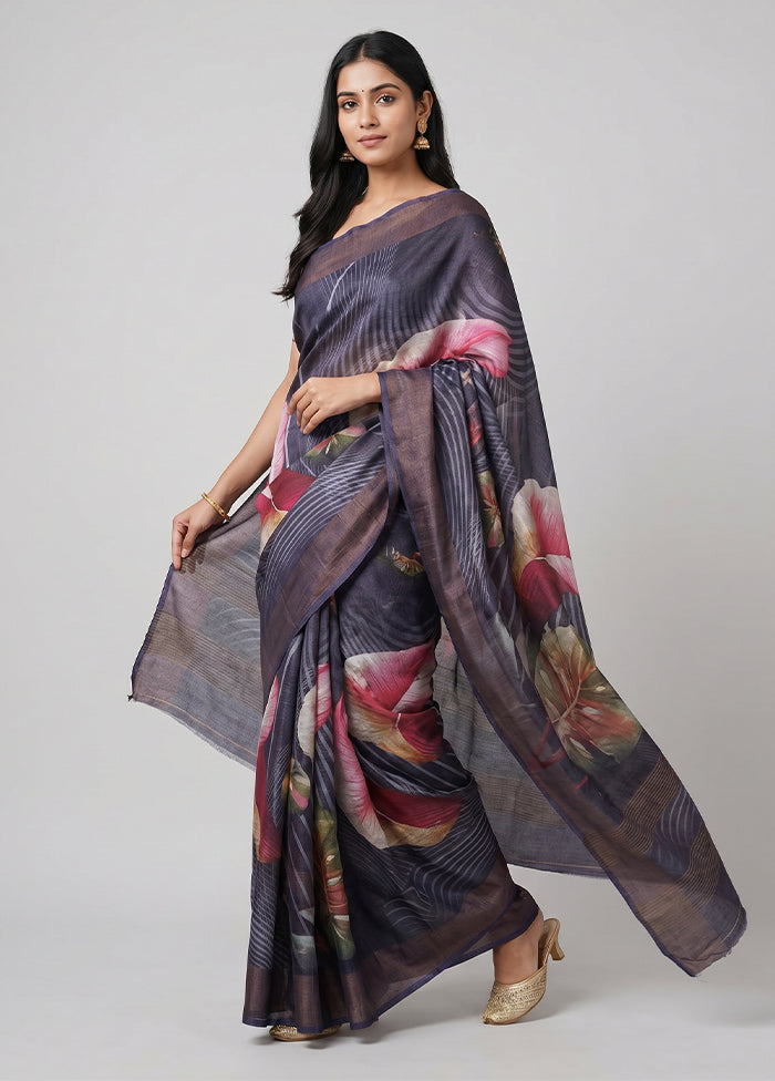 Purple Handloom Tussar Pure Silk Saree With Blouse Piece
