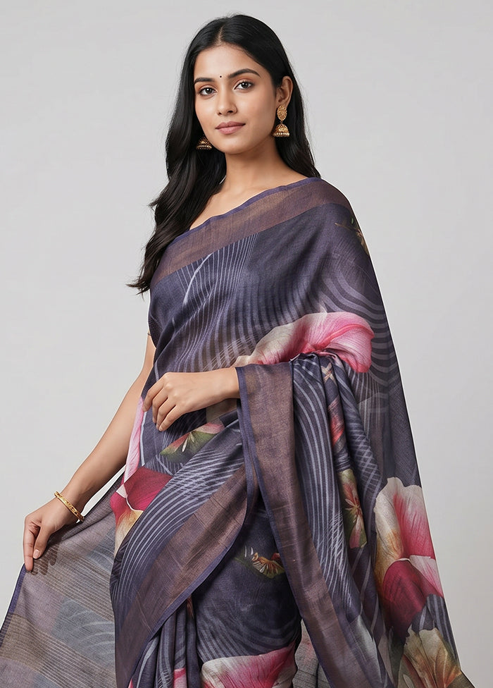 Purple Handloom Tussar Pure Silk Saree With Blouse Piece