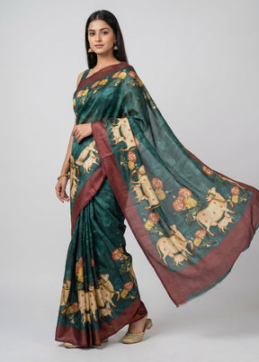 Green Handloom Tussar Pure Silk Saree With Blouse Piece