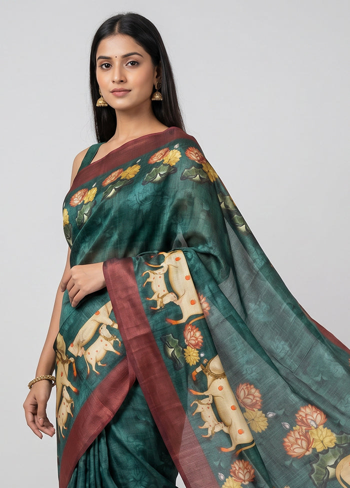 Green Handloom Tussar Pure Silk Saree With Blouse Piece