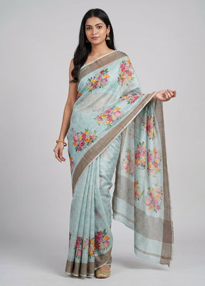Green Handloom Tussar Pure Silk Saree With Blouse Piece