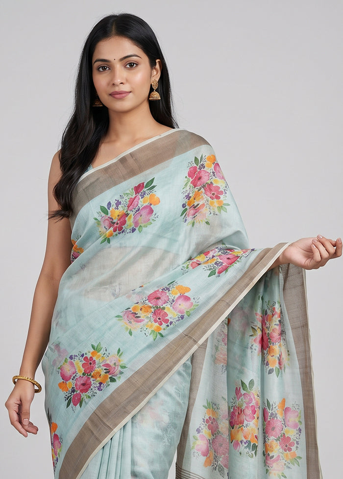 Green Handloom Tussar Pure Silk Saree With Blouse Piece
