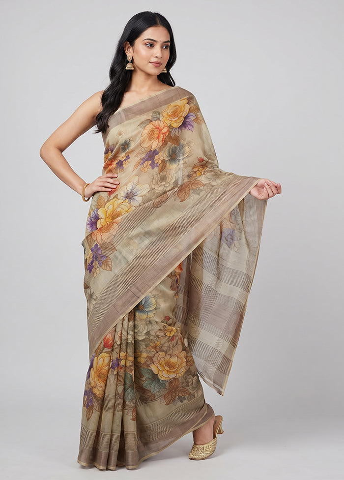 Cream Handloom Tussar Pure Silk Saree With Blouse Piece