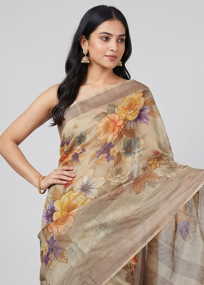 Cream Handloom Tussar Pure Silk Saree With Blouse Piece