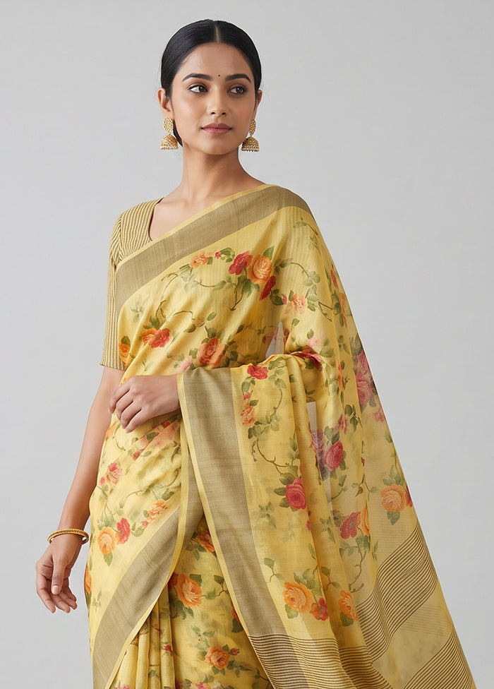 Yellow Handloom Tussar Pure Silk Saree With Blouse Piece