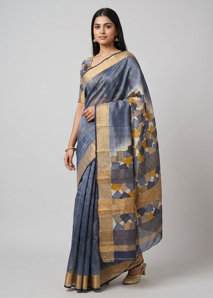 Grey Handloom Tussar Pure Silk Saree With Blouse Piece