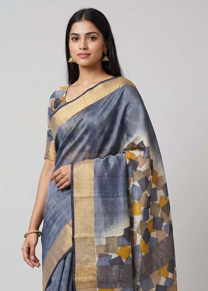 Grey Handloom Tussar Pure Silk Saree With Blouse Piece
