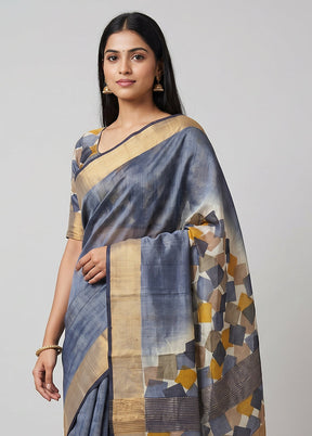 Grey Handloom Tussar Pure Silk Saree With Blouse Piece