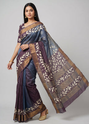 Grey Handloom Tussar Pure Silk Saree With Blouse Piece