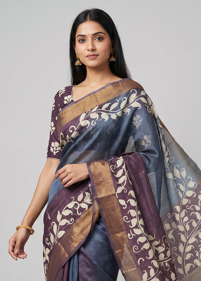 Grey Handloom Tussar Pure Silk Saree With Blouse Piece