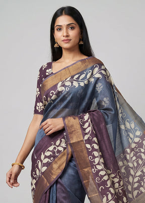 Grey Handloom Tussar Pure Silk Saree With Blouse Piece