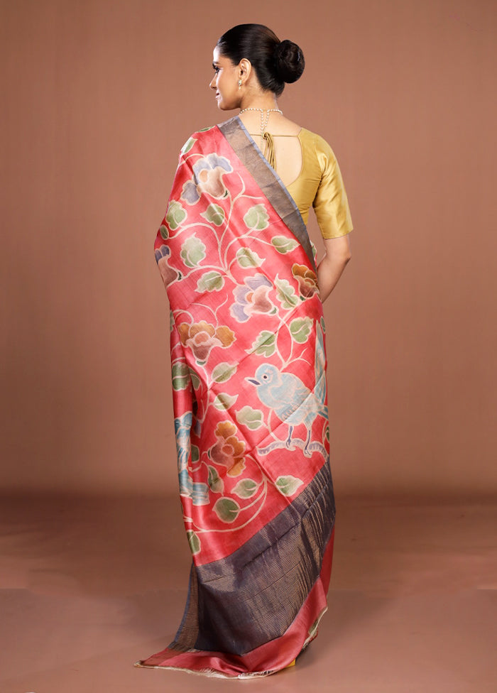 Pink Handloom Tussar Pure Silk Saree With Blouse Piece
