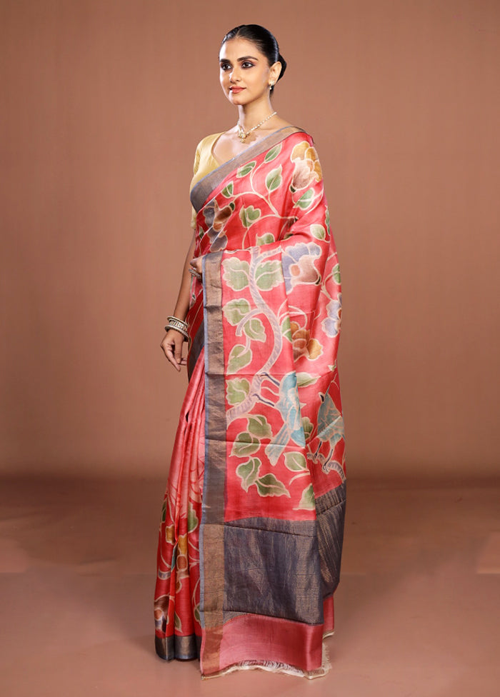 Pink Handloom Tussar Pure Silk Saree With Blouse Piece