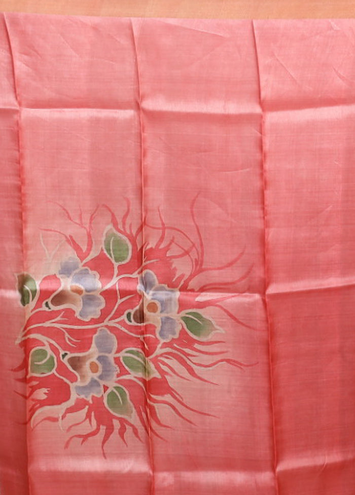 Pink Handloom Tussar Pure Silk Saree With Blouse Piece