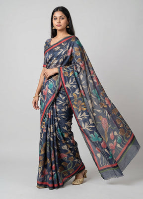 Blue Handloom Tussar Pure Silk Saree With Blouse Piece