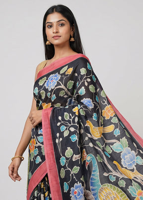 Grey Handloom Tussar Pure Silk Saree With Blouse Piece