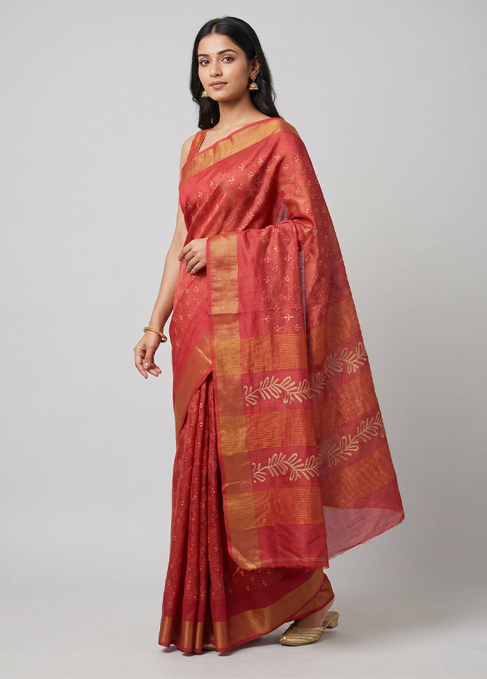 Pink Handloom Tussar Pure Silk Saree With Blouse Piece