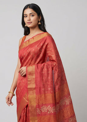 Pink Handloom Tussar Pure Silk Saree With Blouse Piece