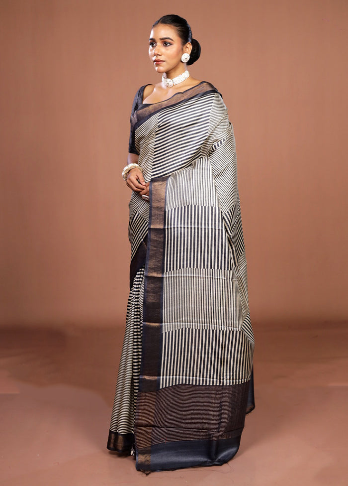 Cream Handloom Tussar Pure Silk Saree With Blouse Piece
