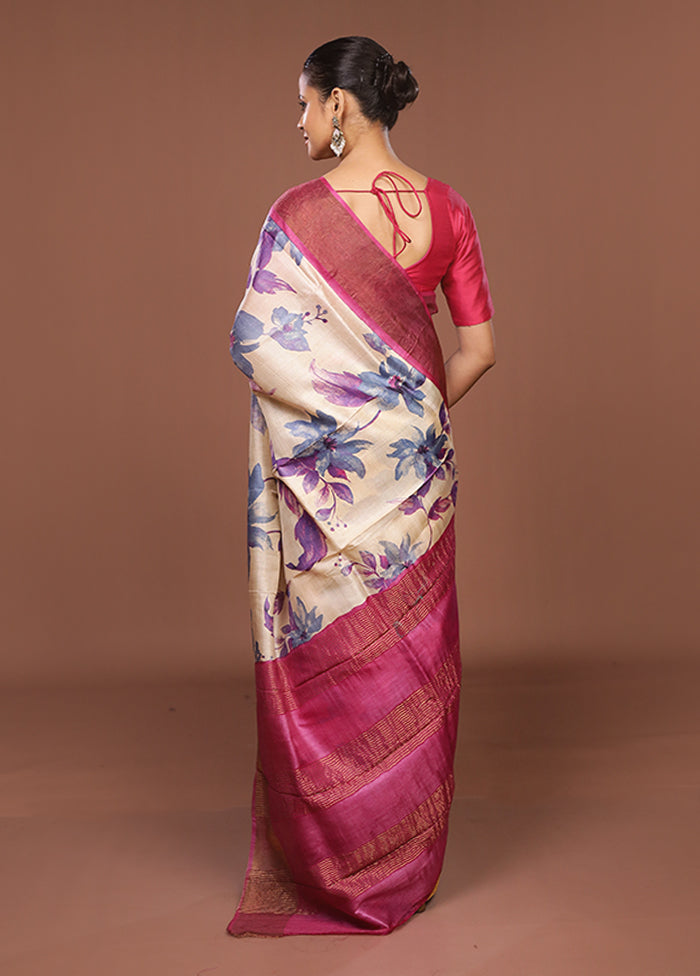Cream Handloom Tussar Pure Silk Saree With Blouse Piece