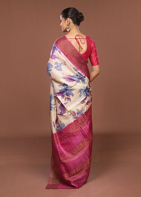 Cream Handloom Tussar Pure Silk Saree With Blouse Piece