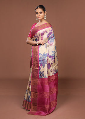 Cream Handloom Tussar Pure Silk Saree With Blouse Piece