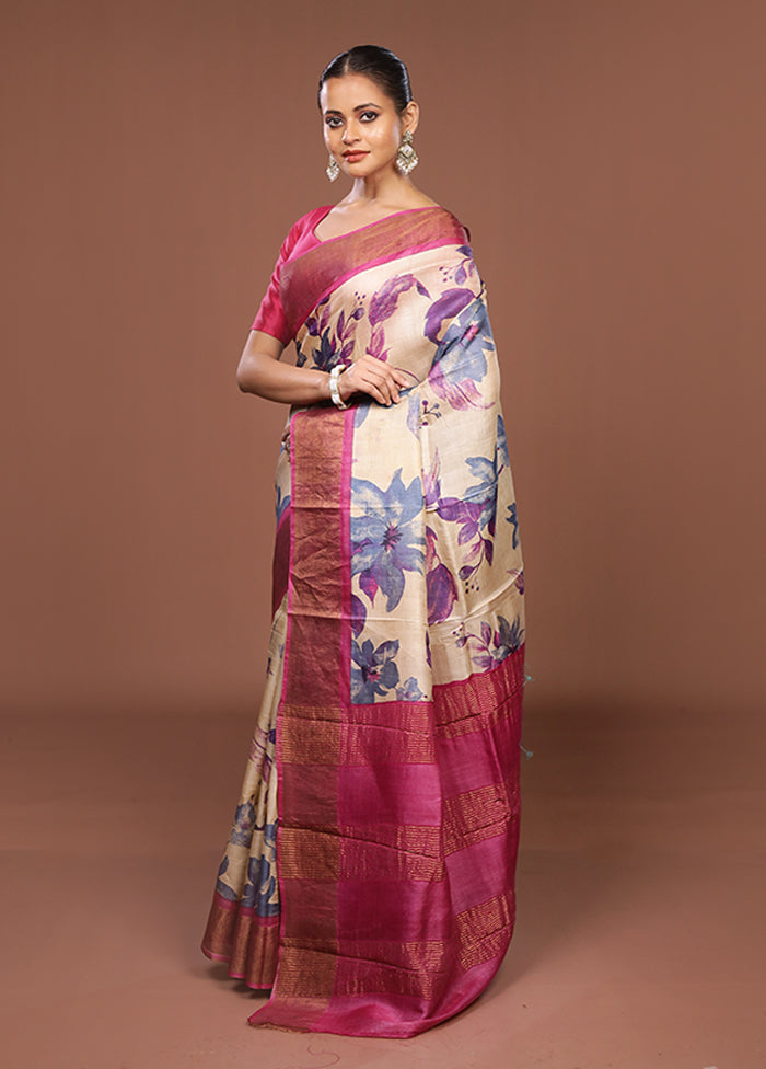 Cream Handloom Tussar Pure Silk Saree With Blouse Piece