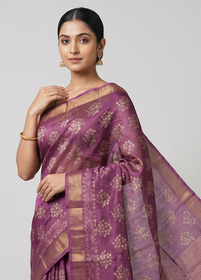 Purple Handloom Tussar Pure Silk Saree With Blouse Piece