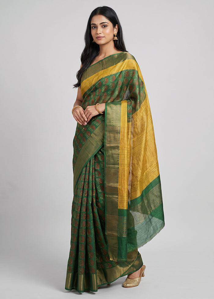 Green Handloom Tussar Pure Silk Saree With Blouse Piece
