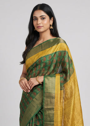 Green Handloom Tussar Pure Silk Saree With Blouse Piece