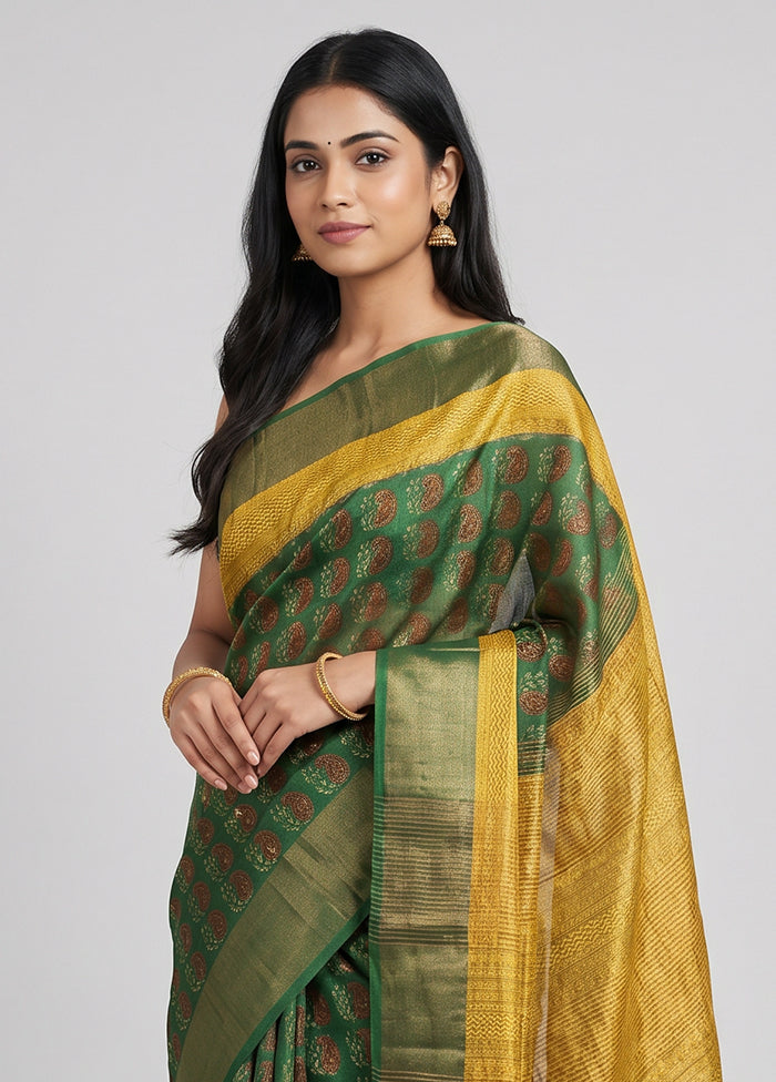 Green Handloom Tussar Pure Silk Saree With Blouse Piece