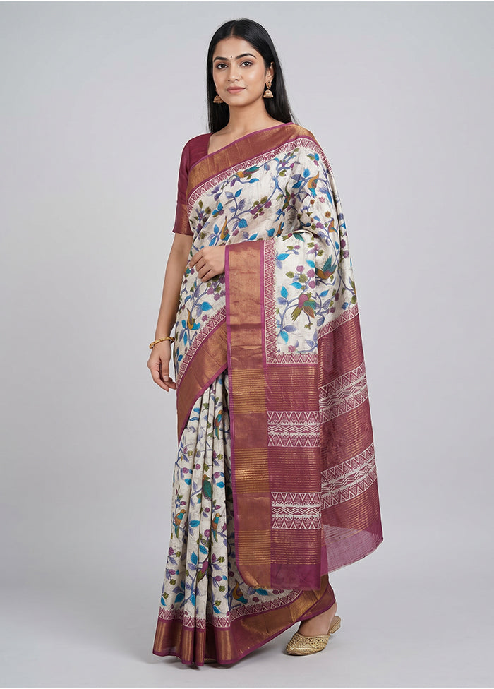White Handloom Tussar Pure Silk Saree With Blouse Piece
