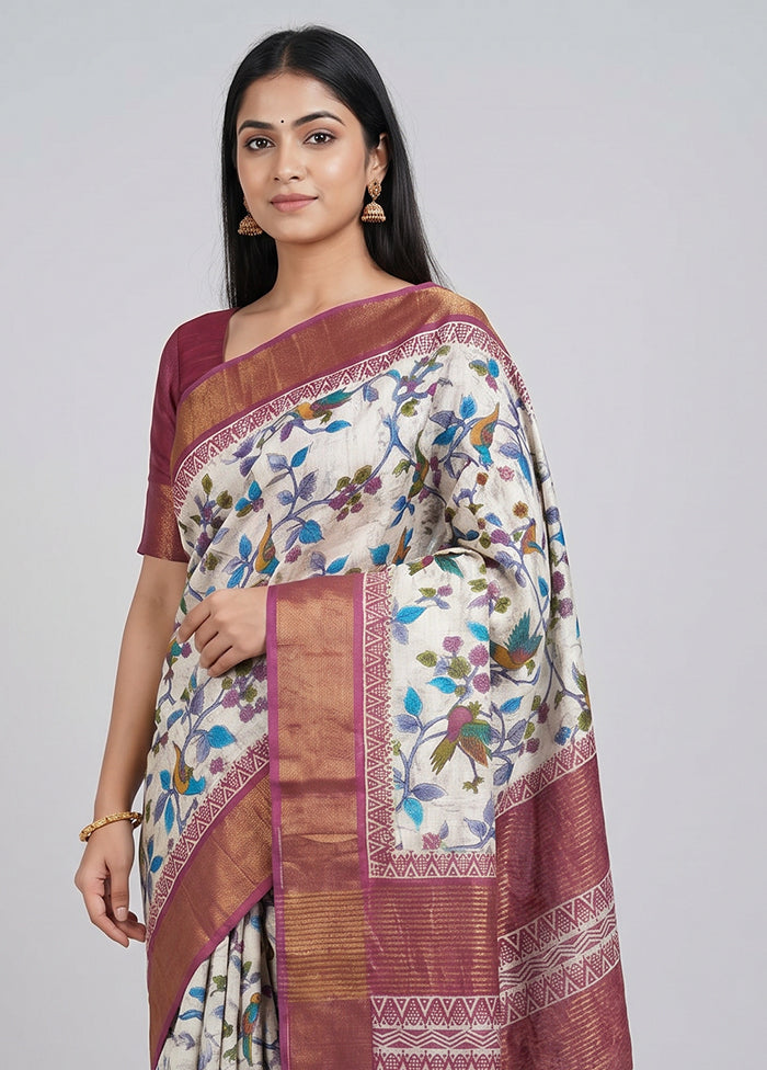 White Handloom Tussar Pure Silk Saree With Blouse Piece