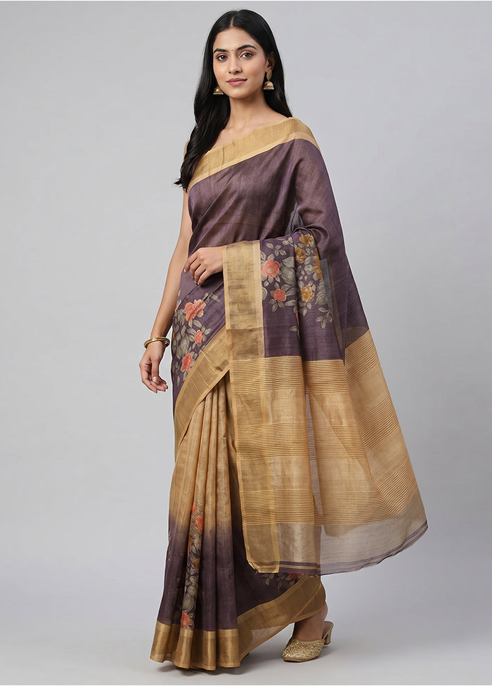 Purple Handloom Tussar Pure Silk Saree With Blouse Piece