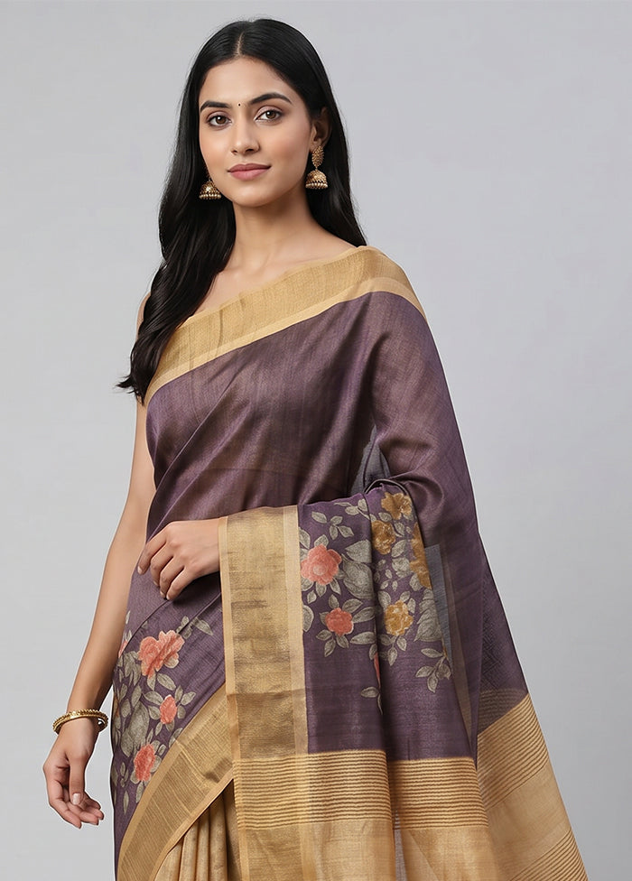 Purple Handloom Tussar Pure Silk Saree With Blouse Piece