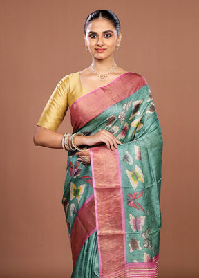 Green Handloom Tussar Pure Silk Saree With Blouse Piece