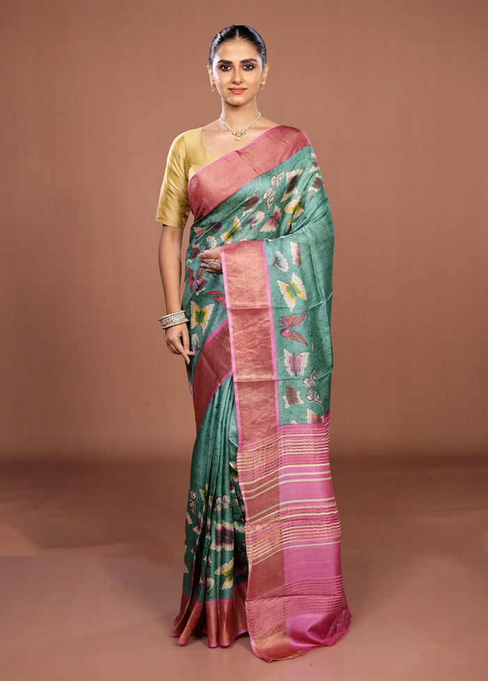 Green Handloom Tussar Pure Silk Saree With Blouse Piece