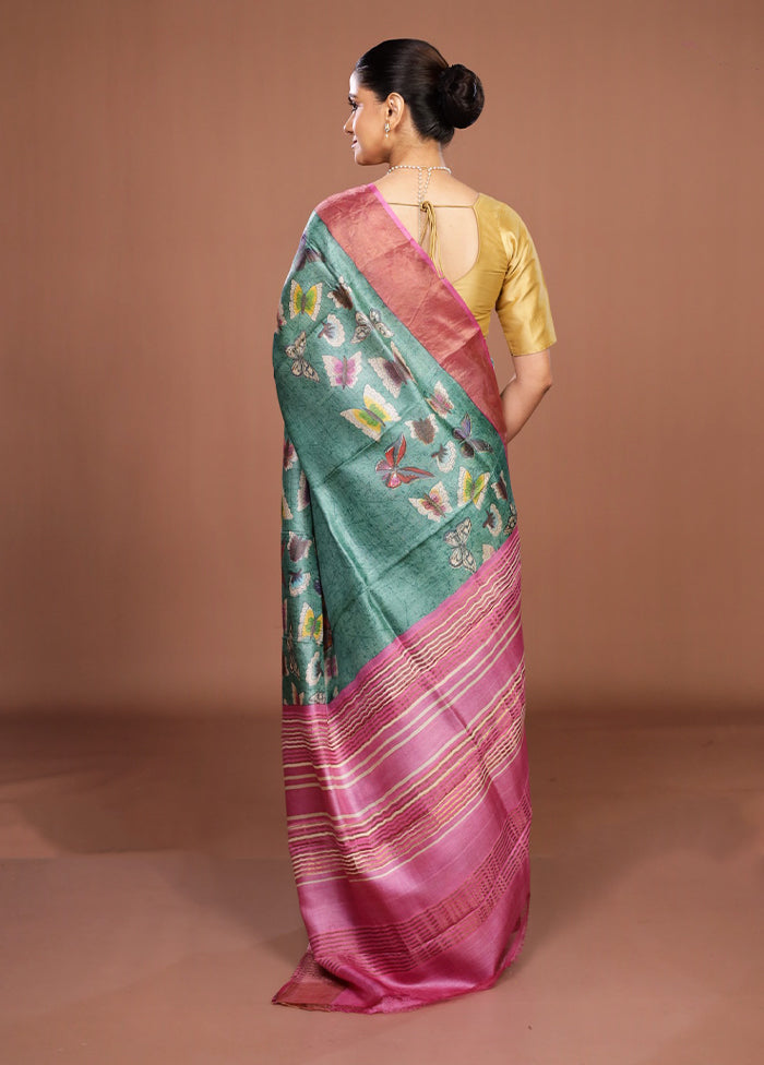 Green Handloom Tussar Pure Silk Saree With Blouse Piece